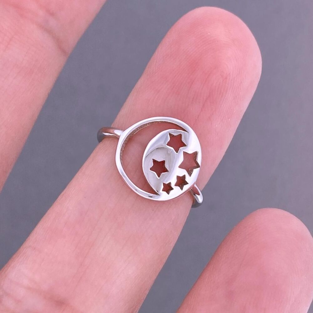 925 Sterling Silver Toe Ring Adjustable Moon and Stars